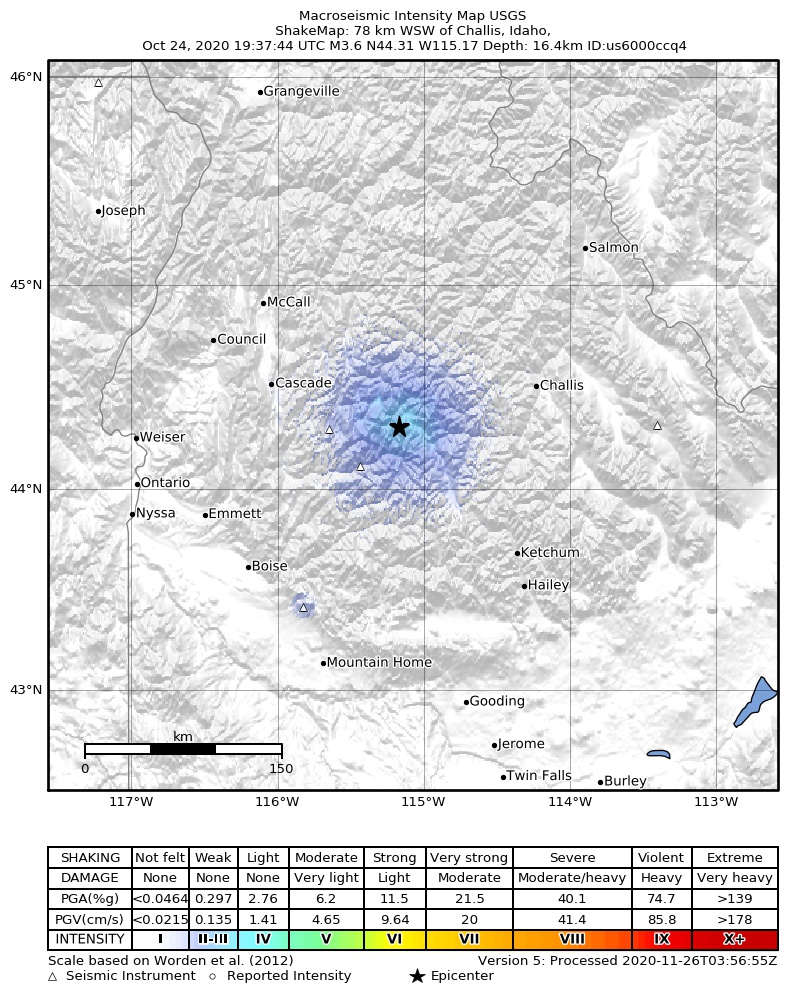USGS ShakeMap intensity contours for the M3.6 earthquake near 21 km WNW of Stanley, Idaho
