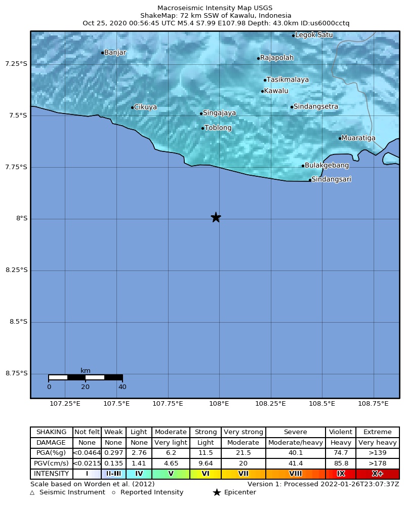 USGS ShakeMap intensity contours for the M5.4 earthquake near 72 km SSW of Kawalu, Indonesia