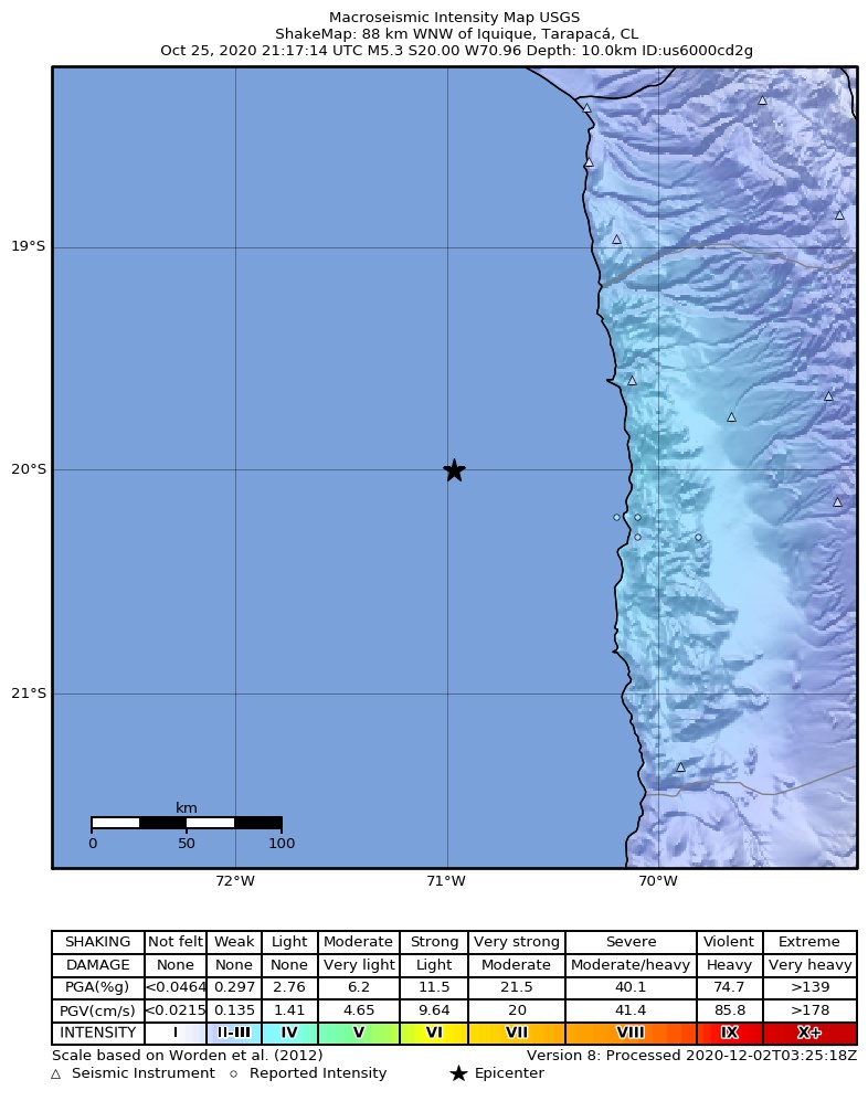 USGS ShakeMap: estimated shaking intensity around the epicenter