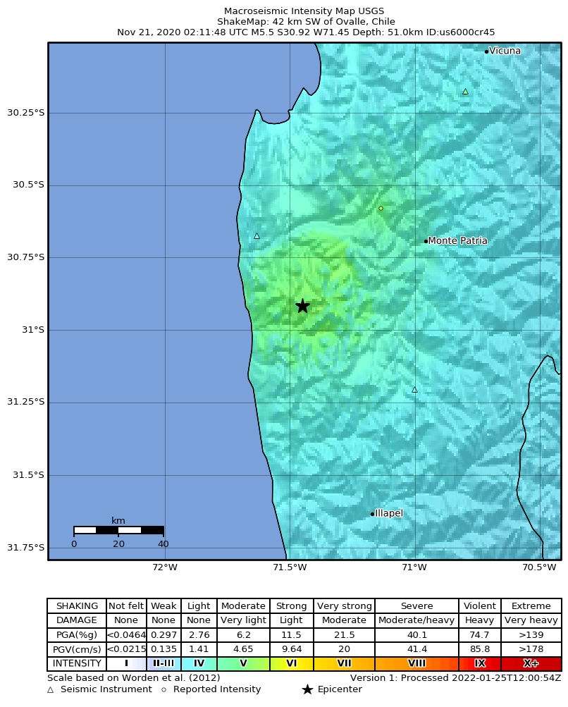 USGS ShakeMap intensity contours for the M5.5 earthquake near 42 km SW of Ovalle, Chile