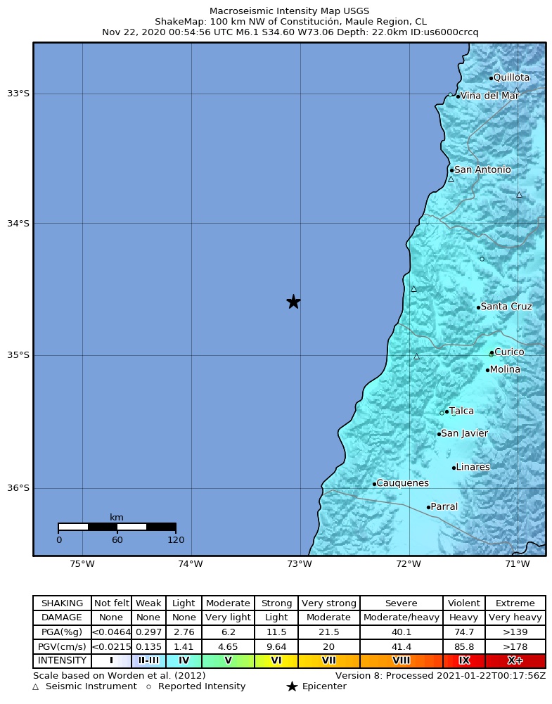 USGS ShakeMap: estimated shaking intensity around the epicenter