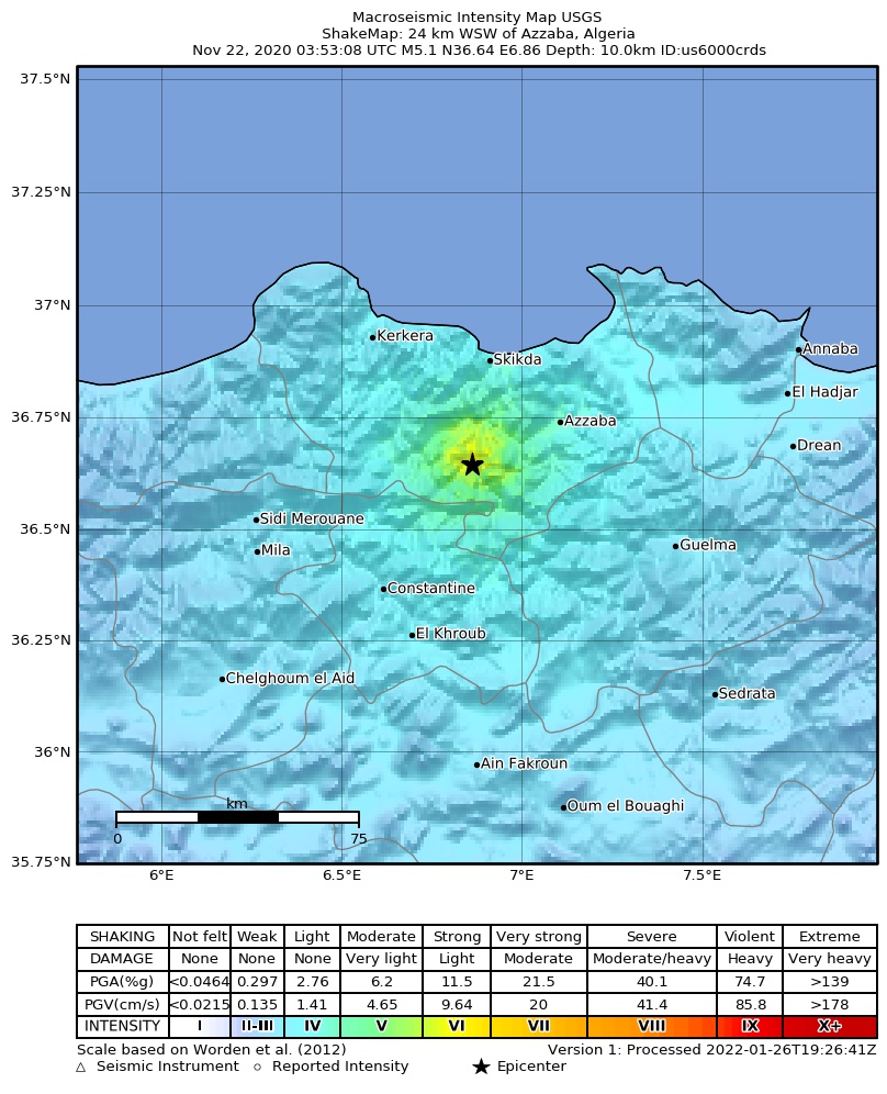 USGS ShakeMap intensity contours for the M5.1 earthquake near 24 km WSW of Azzaba, Algeria