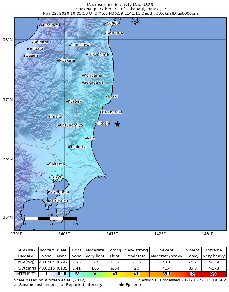 USGS ShakeMap intensity contours for the M5.5 earthquake near 37 km ESE of Takahagi, Japan