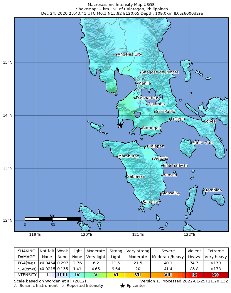 USGS ShakeMap intensity contours for the M6.3 earthquake near 2 km ESE of Calatagan, Philippines