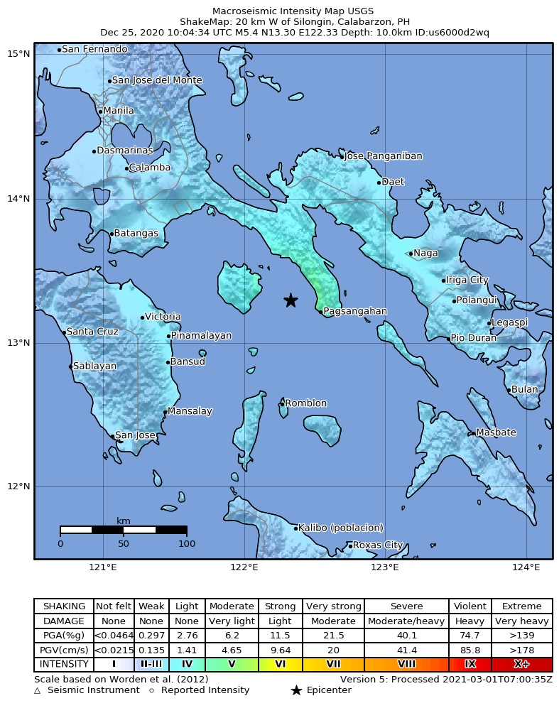 USGS ShakeMap intensity contours for the M5.4 earthquake near 20 km W of Silongin, Philippines