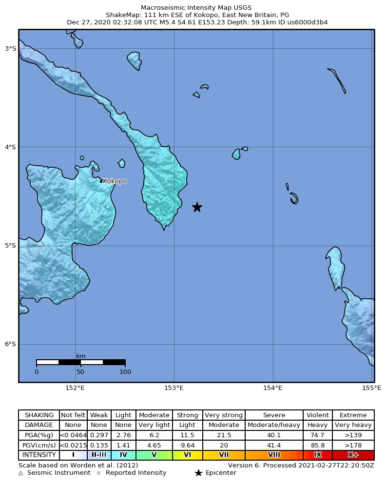 USGS ShakeMap intensity contours for the M5.4 earthquake near 111 km ESE of Kokopo, Papua New Guinea