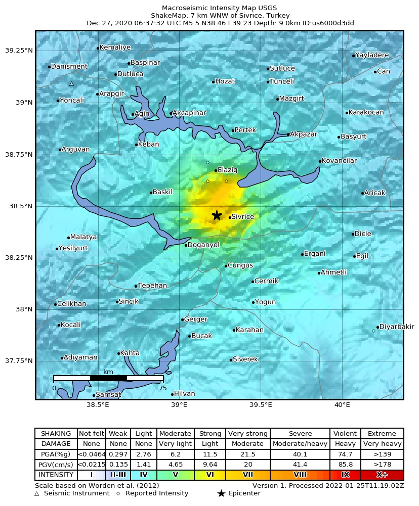 USGS ShakeMap intensity contours for the M5.5 earthquake near 7 km WNW of Sivrice, Turkey