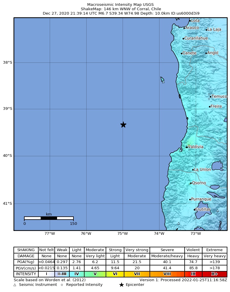 USGS ShakeMap intensity contours for the M6.7 earthquake near 146 km WNW of Corral, Chile