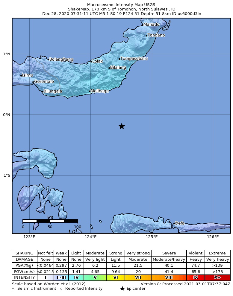 USGS ShakeMap intensity contours for the M5.1 earthquake near 170 km S of Tomohon, Indonesia