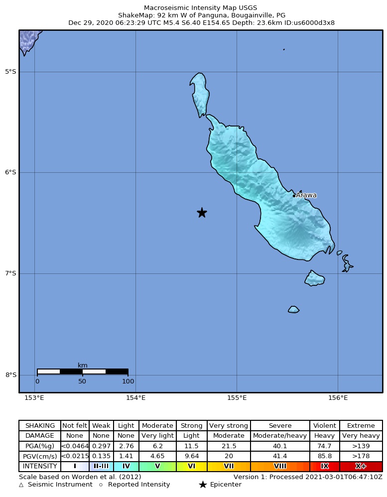 USGS ShakeMap intensity contours for the M5.4 earthquake near 92 km W of Panguna, Papua New Guinea