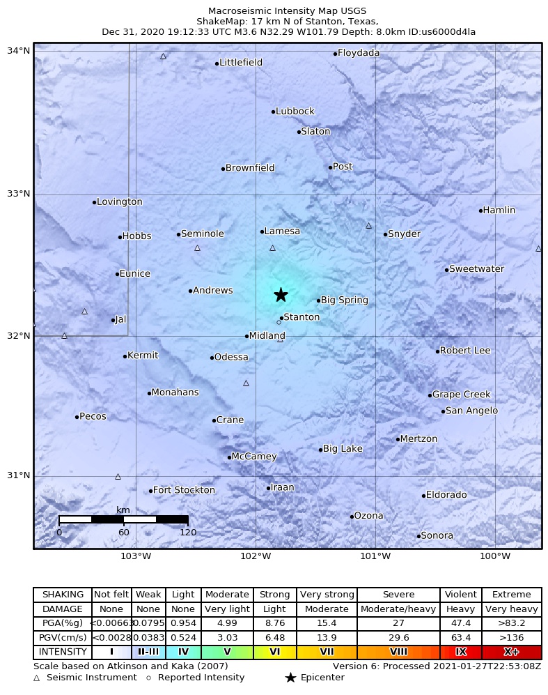 USGS ShakeMap: estimated shaking intensity around the epicenter