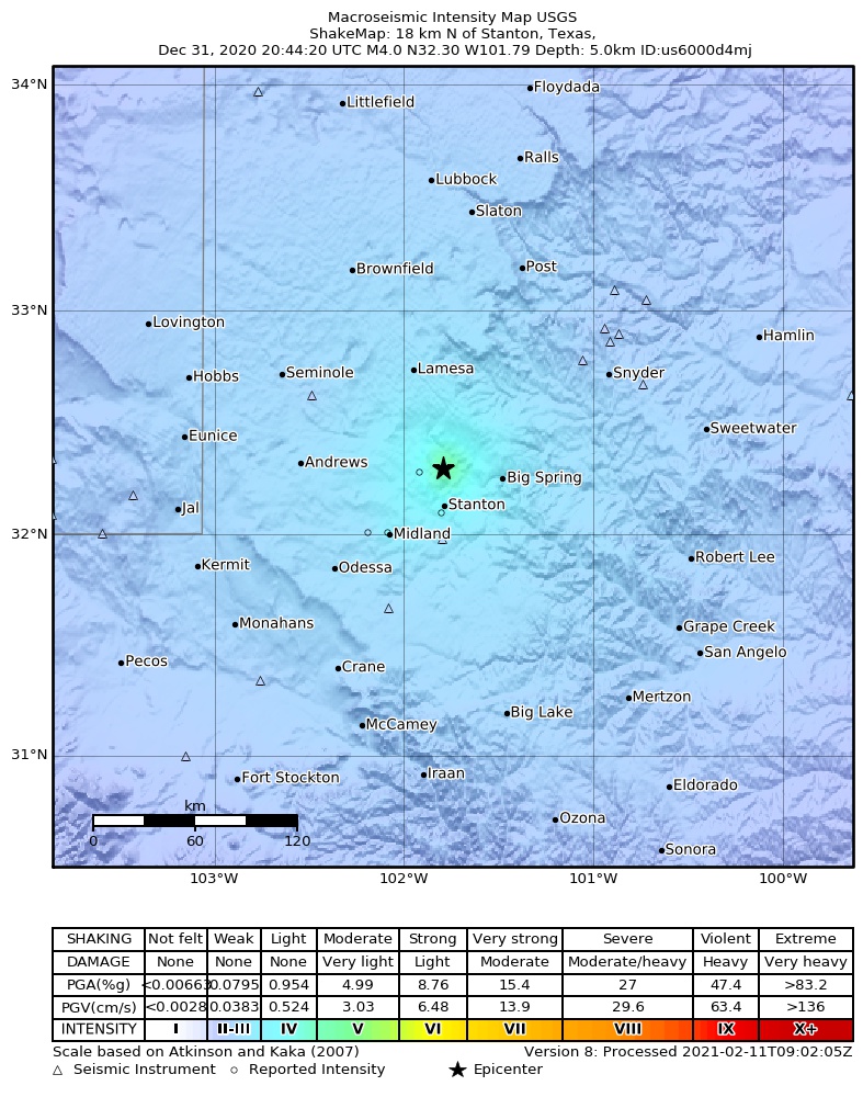 USGS ShakeMap: estimated shaking intensity around the epicenter