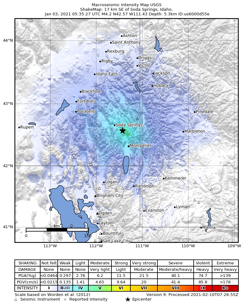 USGS ShakeMap: estimated shaking intensity around the epicenter