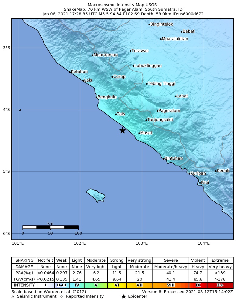 USGS ShakeMap intensity contours for the M5.5 earthquake near 70 km WSW of Pagar Alam, Indonesia