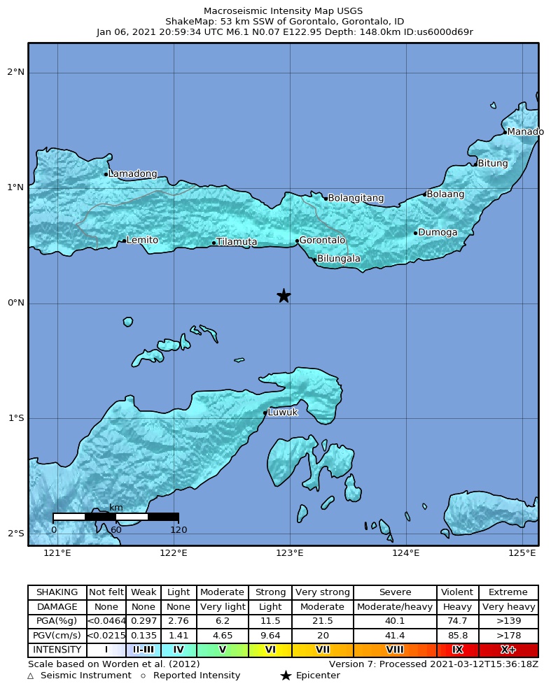 USGS ShakeMap intensity contours for the M6.1 earthquake near 53 km SSW of Gorontalo, Indonesia