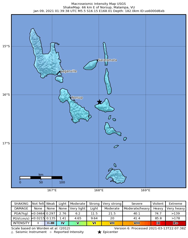 USGS ShakeMap intensity contours for the M5.5 earthquake near 63 km E of Lakatoro, Vanuatu