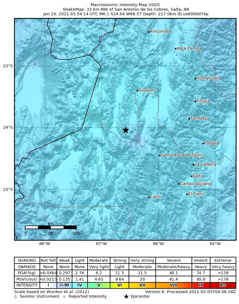 USGS ShakeMap intensity contours for the M6.1 earthquake near 32 km NW of San Antonio de los Cobres, Argentina