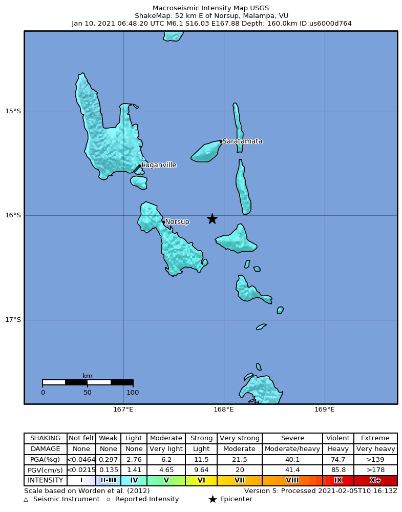 USGS ShakeMap intensity contours for the M6.1 earthquake near 50 km E of Lakatoro, Vanuatu