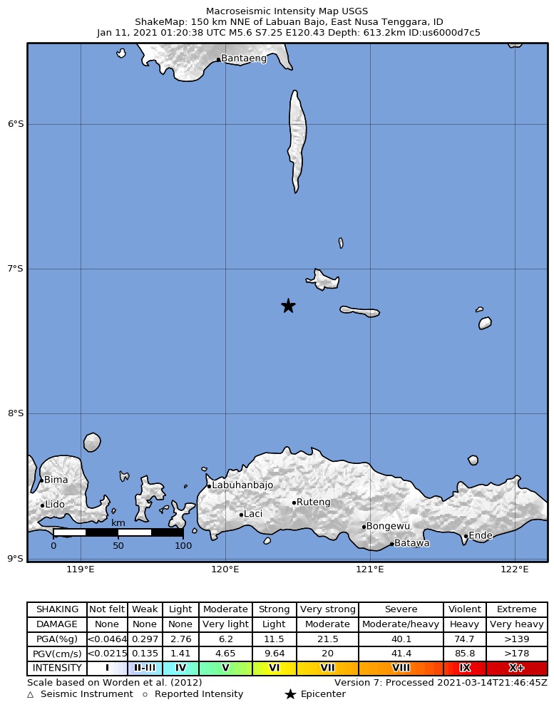 USGS ShakeMap intensity contours for the M5.6 earthquake near 150 km NNE of Labuan Bajo, Indonesia