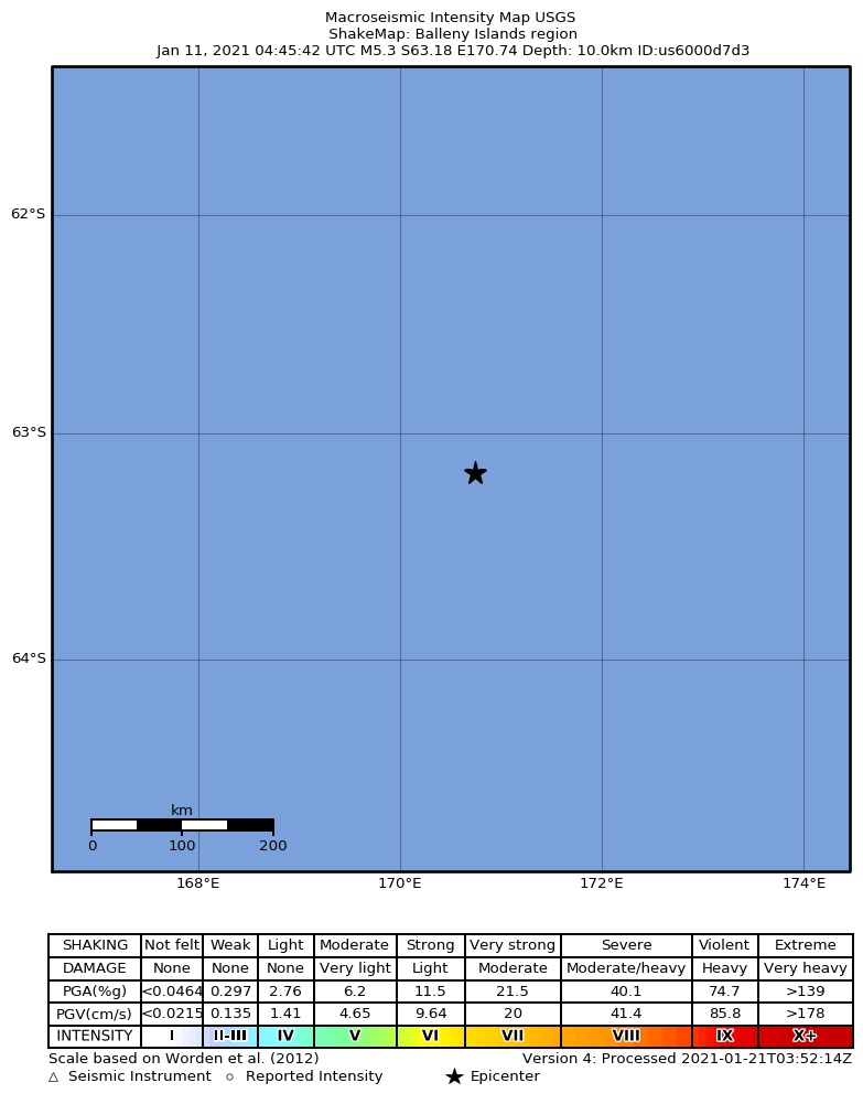 USGS ShakeMap intensity contours for the M5.3 earthquake near Balleny Islands region