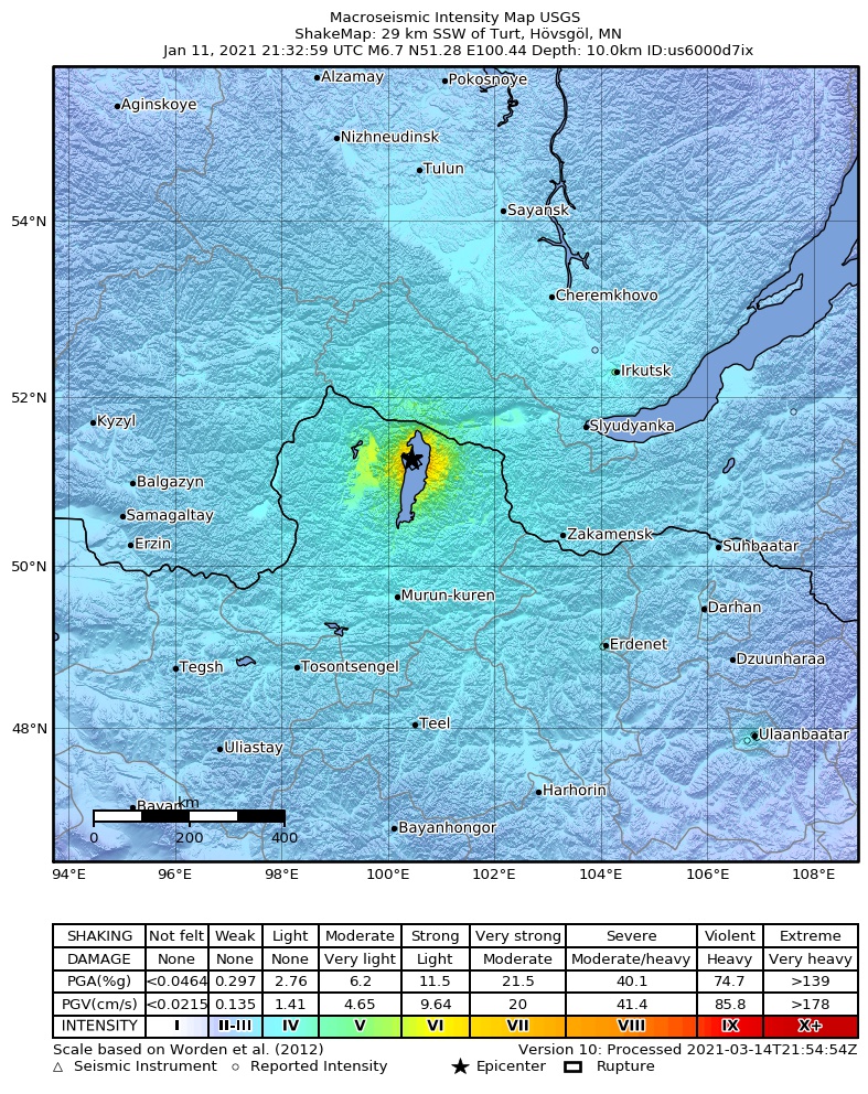 USGS ShakeMap intensity contours for the M6.7 earthquake near 29 km SSW of Turt, Mongolia