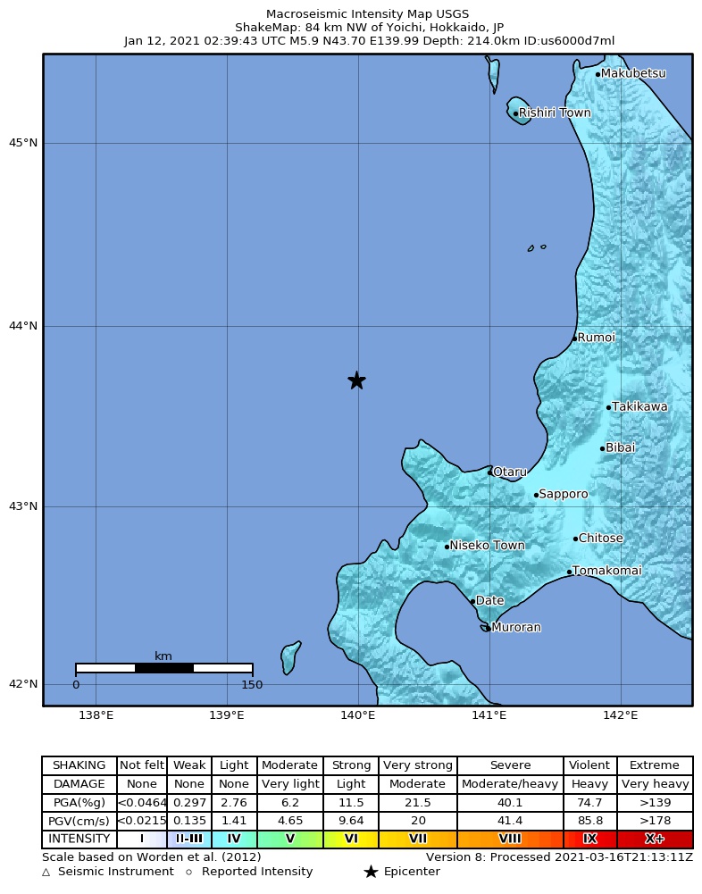 USGS ShakeMap intensity contours for the M5.9 earthquake near 84 km NW of Yoichi, Japan