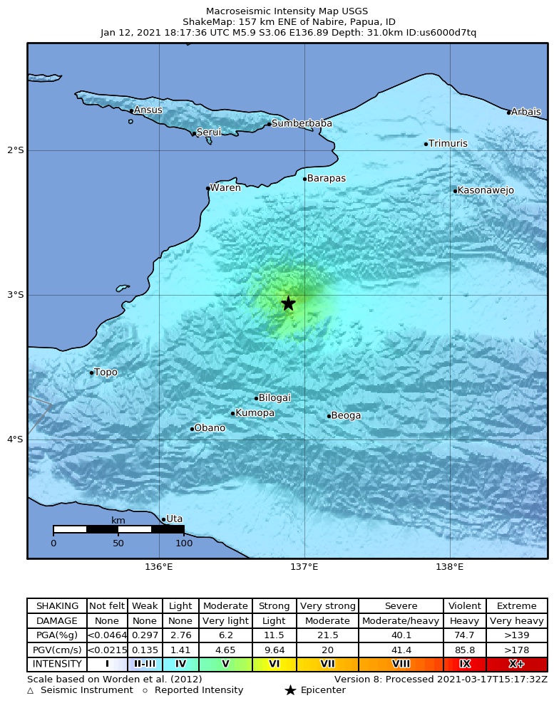 USGS ShakeMap intensity contours for the M5.9 earthquake near 157 km ENE of Nabire, Indonesia