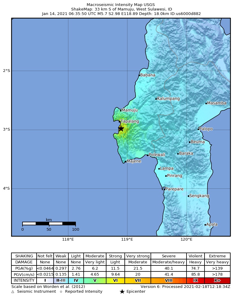 USGS ShakeMap intensity contours for the M5.7 earthquake near 33 km S of Mamuju, Indonesia