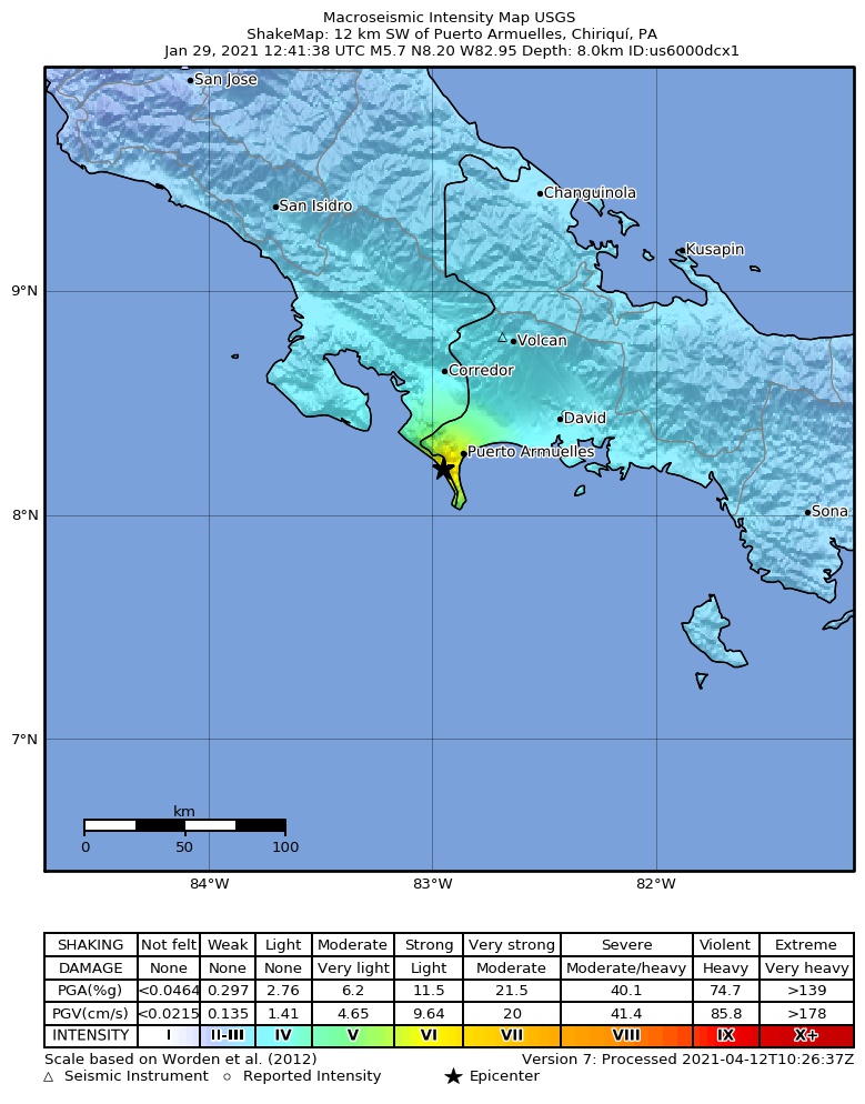 USGS ShakeMap intensity contours for the M5.7 earthquake near 12 km SW of Puerto Armuelles, Panama