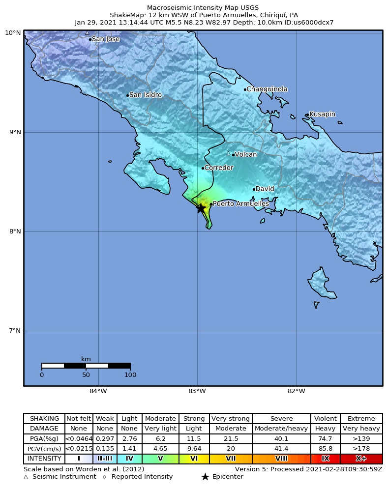 USGS ShakeMap intensity contours for the M5.5 earthquake near 12 km WSW of Puerto Armuelles, Panama