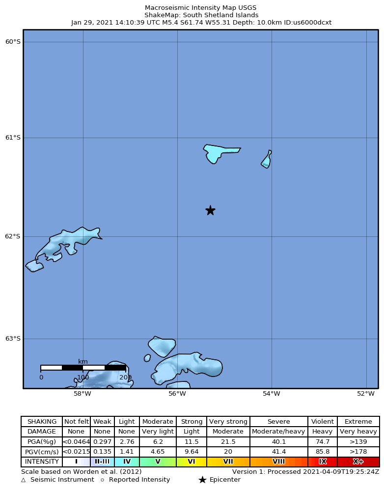 USGS ShakeMap intensity contours for the M5.4 earthquake near South Shetland Islands