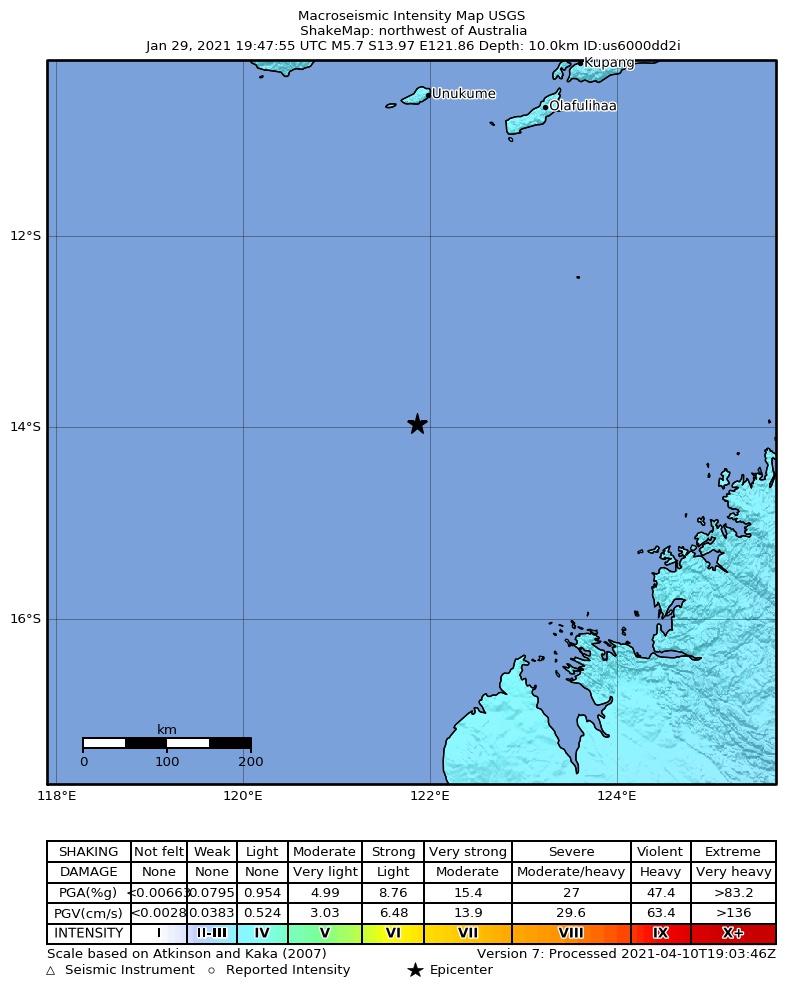 USGS ShakeMap intensity contours for the M5.7 earthquake near northwest of Australia