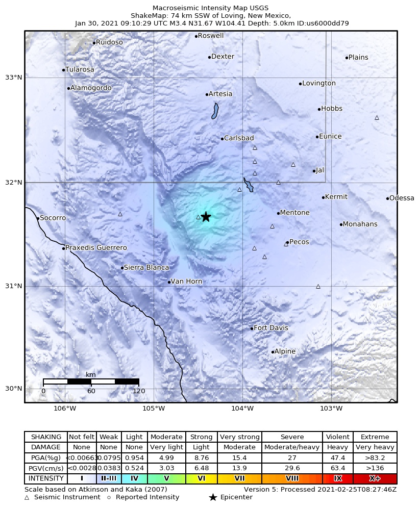 USGS ShakeMap: estimated shaking intensity around the epicenter