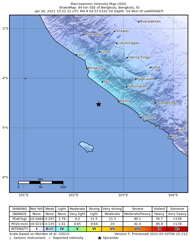 USGS ShakeMap intensity contours for the M4.9 earthquake near 84 km SSE of Bengkulu, Indonesia