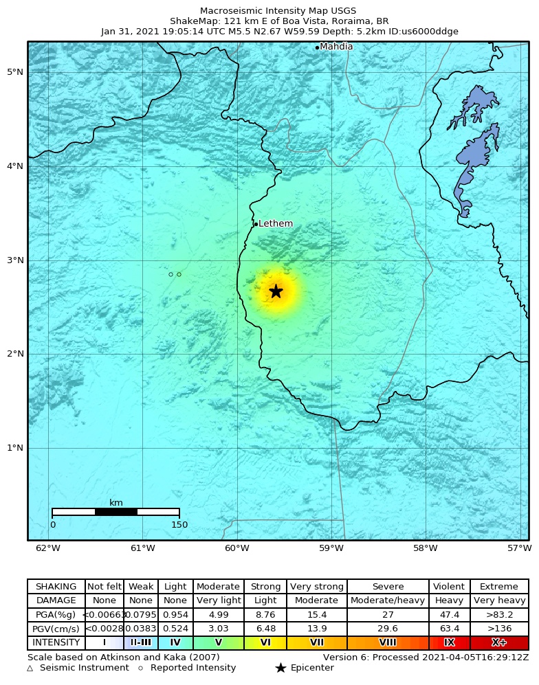 USGS ShakeMap intensity contours for the M5.5 earthquake near 82 km SSE of Lethem, Guyana