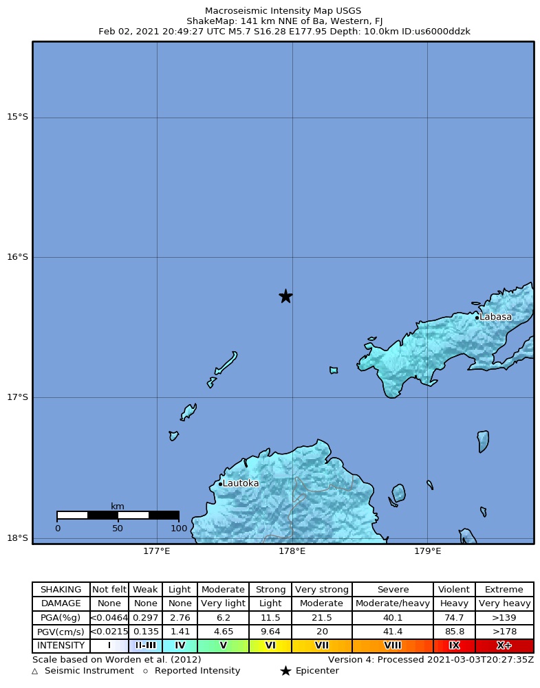 USGS ShakeMap intensity contours for the M5.8 earthquake near 141 km NNE of Ba, Fiji