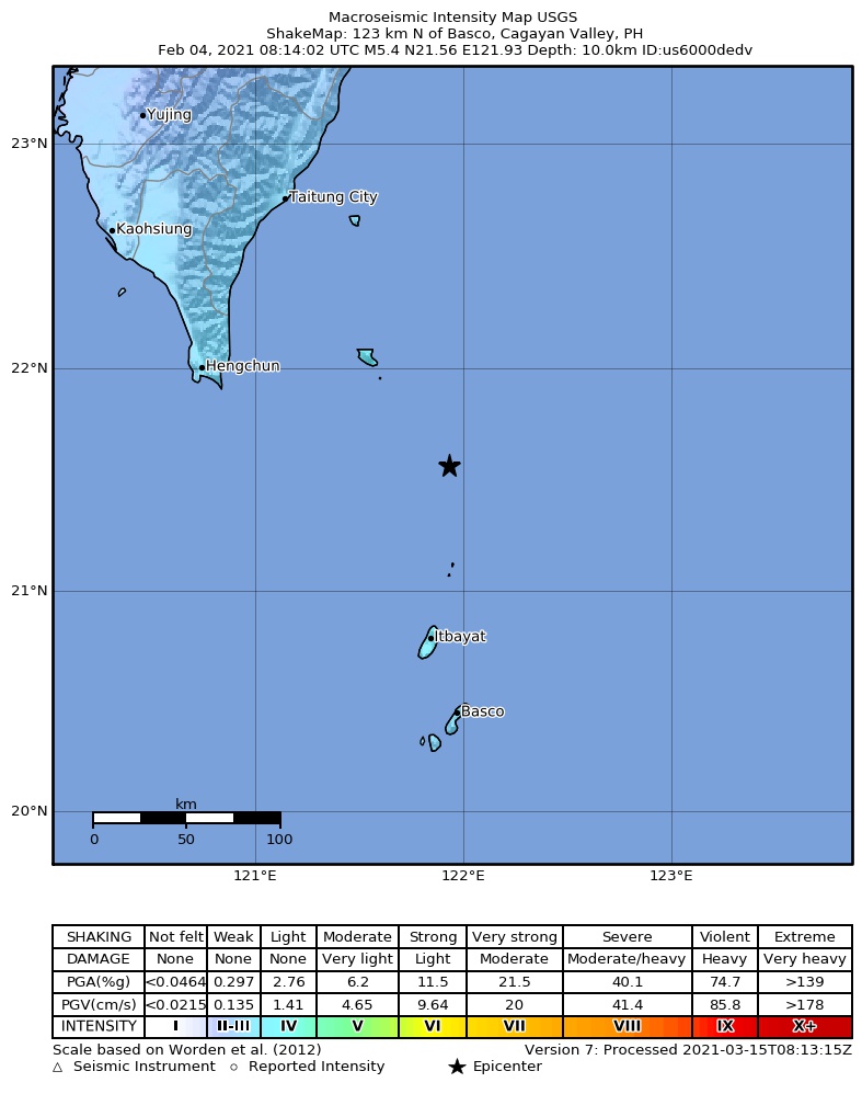 USGS ShakeMap intensity contours for the M5.4 earthquake near 123 km N of Basco, Philippines