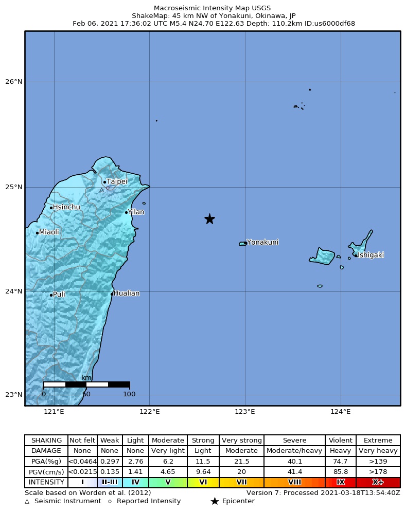 USGS ShakeMap intensity contours for the M5.4 earthquake near 45 km NW of Yonakuni, Japan