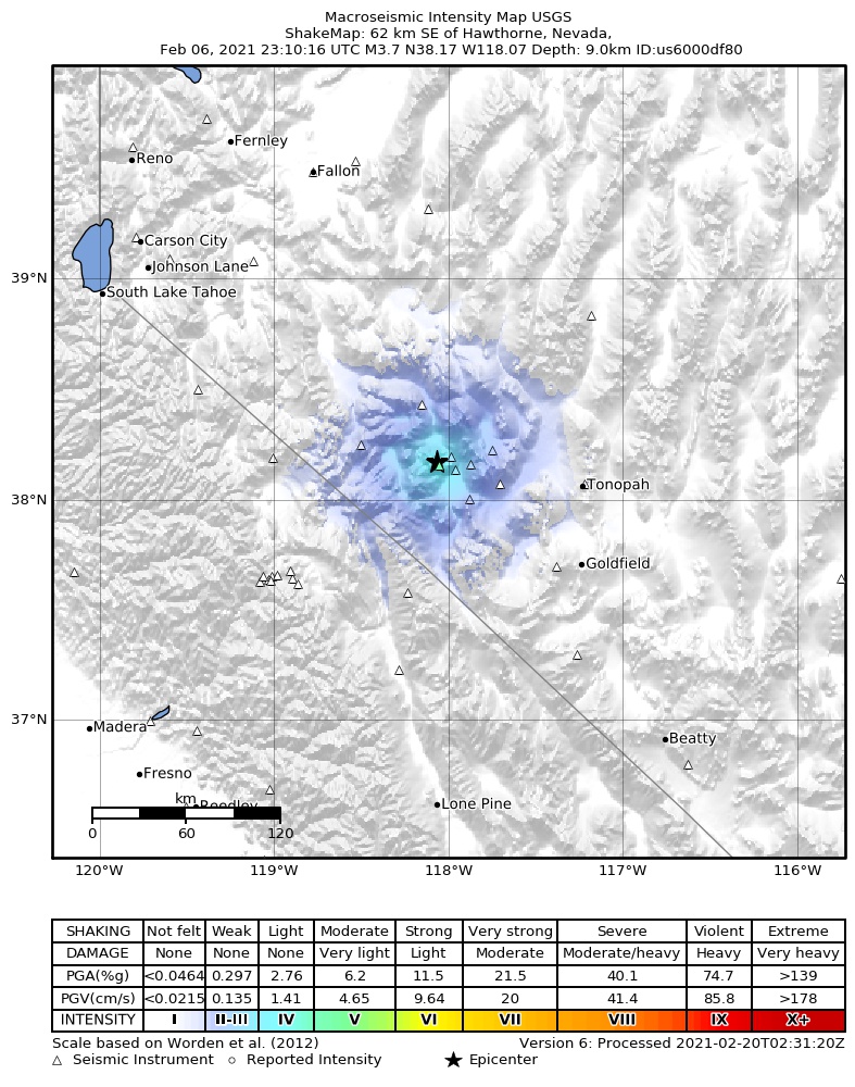USGS ShakeMap intensity contours for the M3.7 earthquake near 24 km S of Mina, Nevada