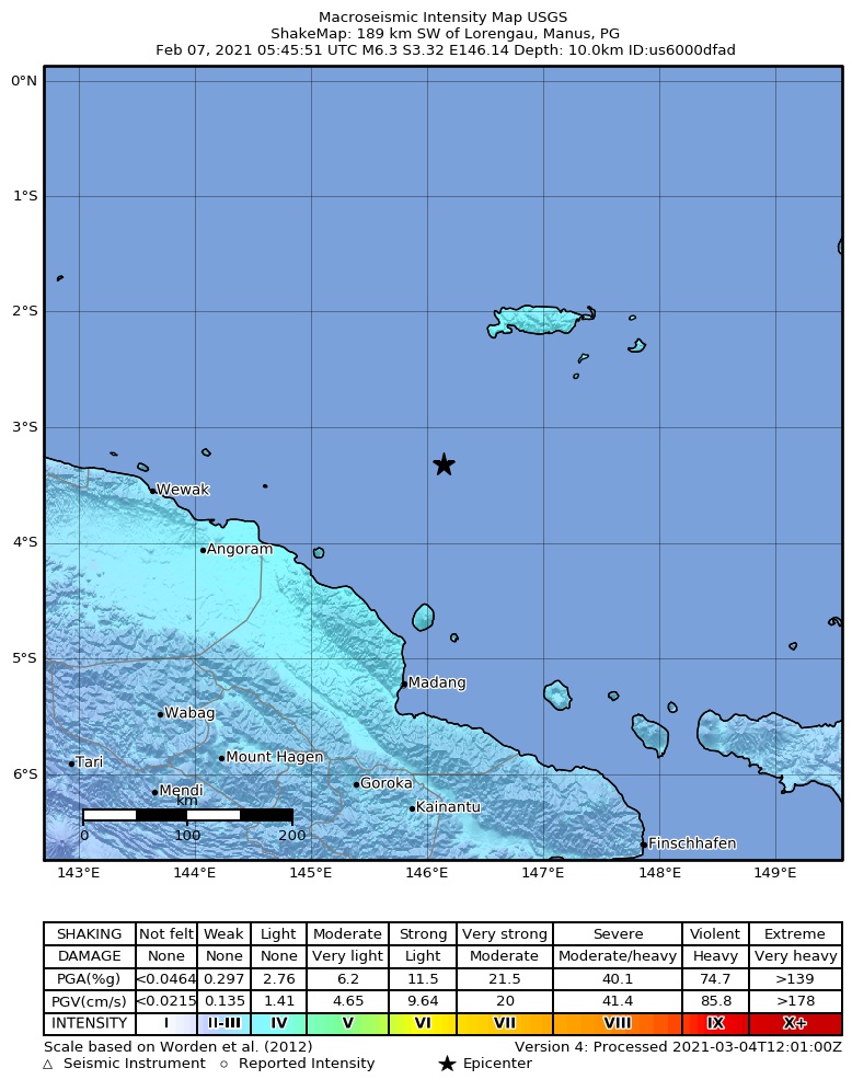 USGS ShakeMap intensity contours for the M6.3 earthquake near 189 km SW of Lorengau, Papua New Guinea