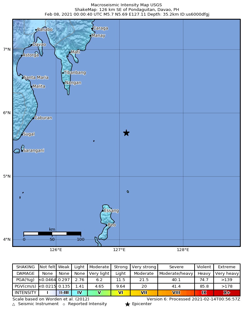 USGS ShakeMap intensity contours for the M5.7 earthquake near 126 km SE of Pondaguitan, Philippines