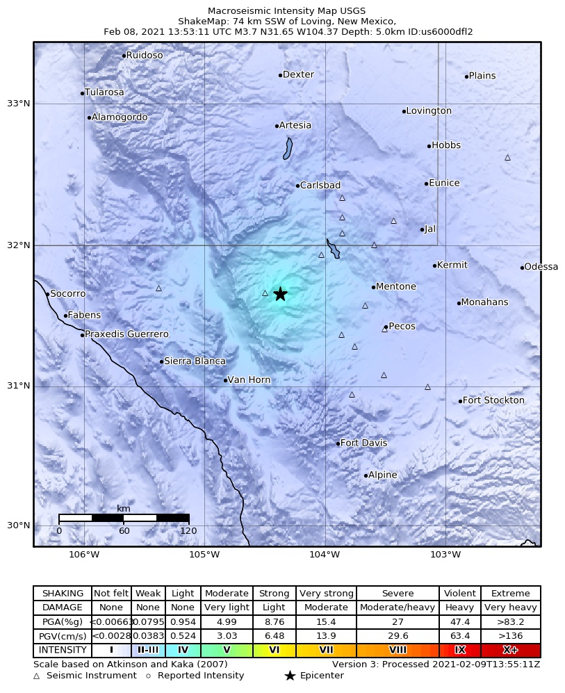 USGS ShakeMap: estimated shaking intensity around the epicenter