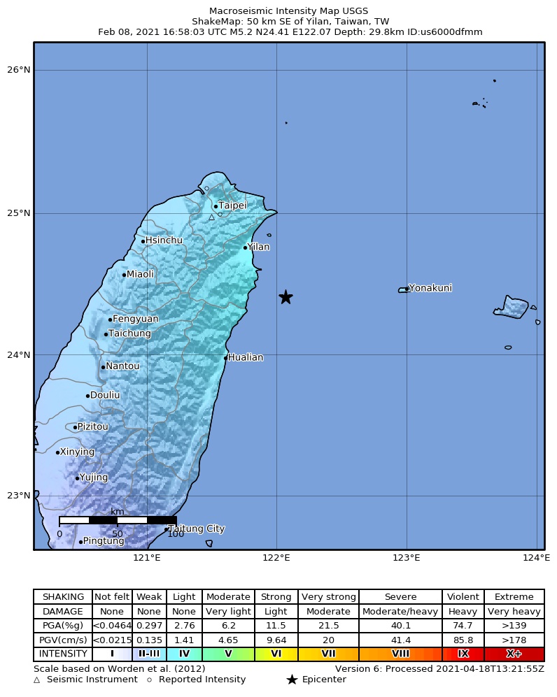 USGS ShakeMap intensity contours for the M5.2 earthquake near 50 km SE of Yilan, Taiwan