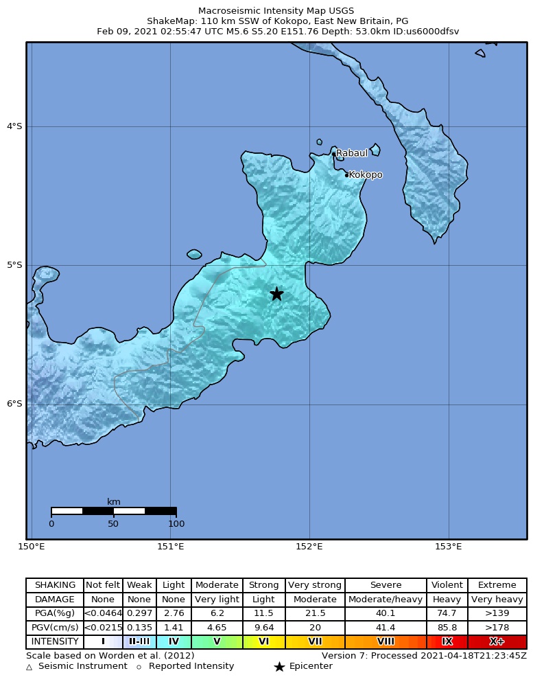 USGS ShakeMap intensity contours for the M5.6 earthquake near 110 km SSW of Kokopo, Papua New Guinea