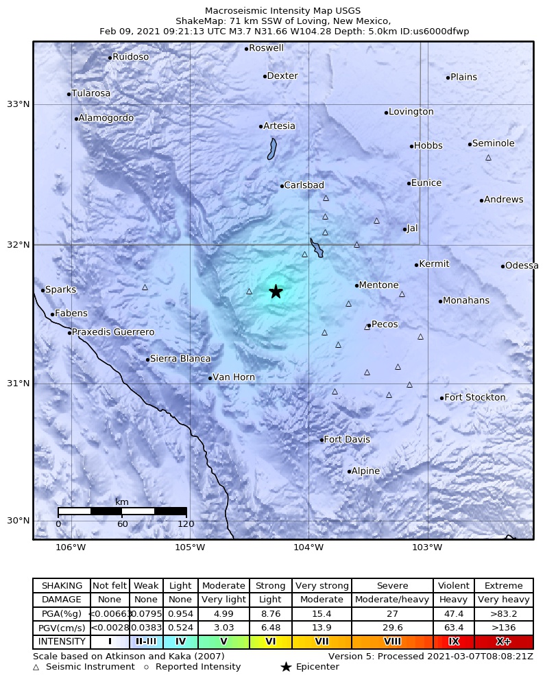USGS ShakeMap: estimated shaking intensity around the epicenter
