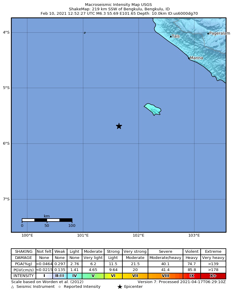 USGS ShakeMap intensity contours for the M6.3 earthquake near 219 km SSW of Bengkulu, Indonesia