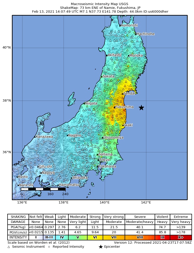 USGS ShakeMap intensity contours for the M7.1 earthquake near 73 km ENE of Namie, Japan