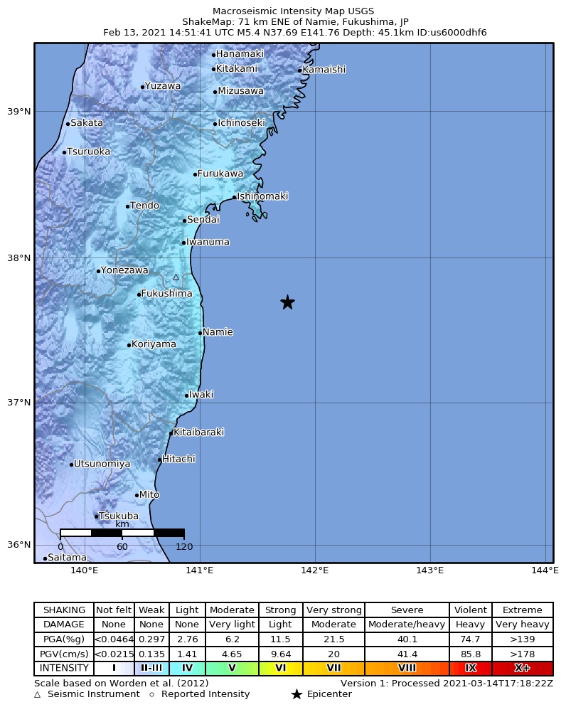 USGS ShakeMap intensity contours for the M5.4 earthquake near 71 km ENE of Namie, Japan