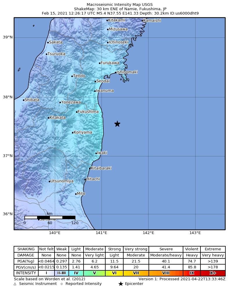 USGS ShakeMap intensity contours for the M5.4 earthquake near 30 km ENE of Namie, Japan