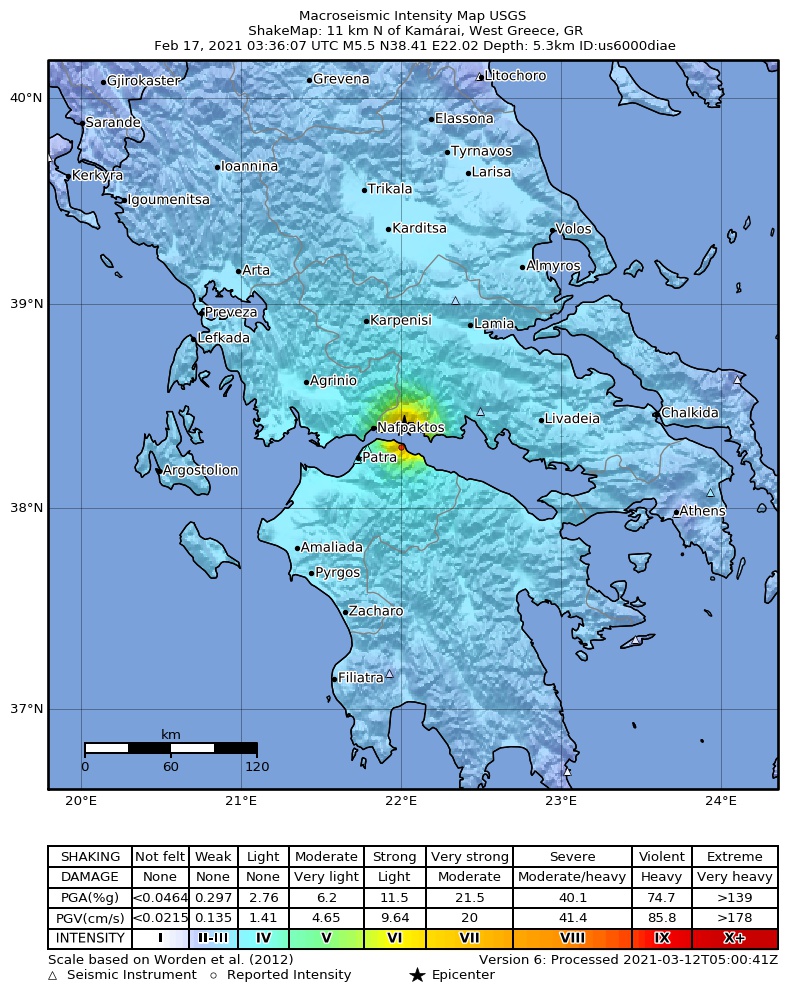 USGS ShakeMap intensity contours for the M5.5 earthquake near 11 km N of Kamárai, Greece